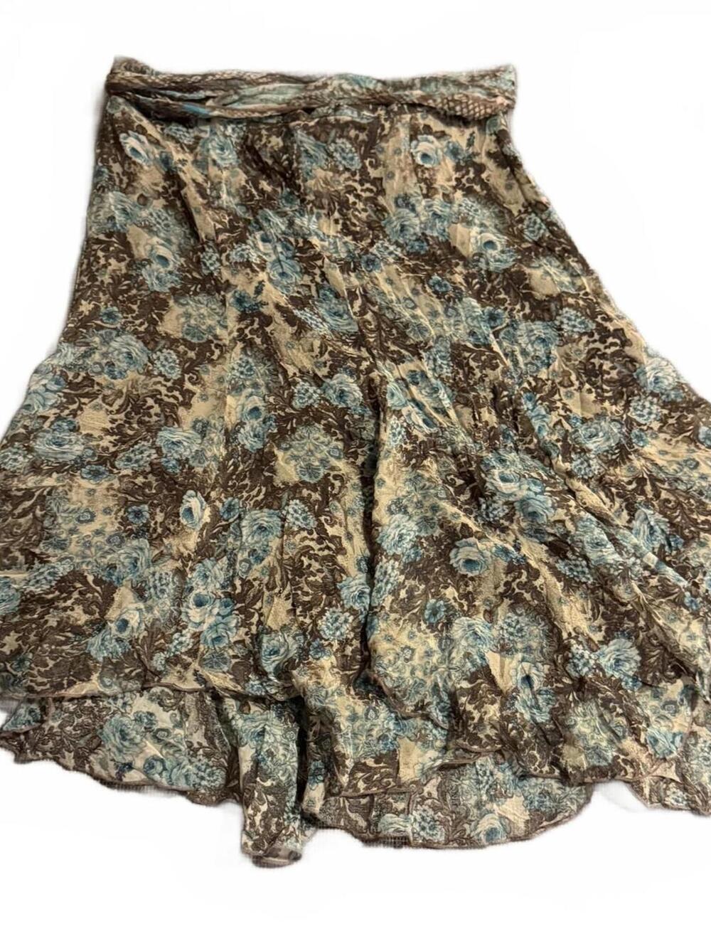 Karen Kane Blue Brown Floral Ruffle Skirt Size 4 Boho Y2K Midi